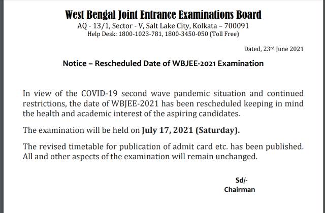 WBJEE Exams 2021 Revised Schedule Announced